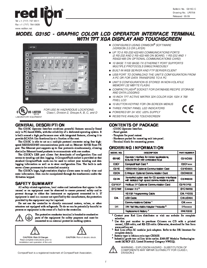 First Page Image of G315C000 Red Lion G315C Product Manual - G315C-C.pdf
